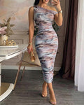 Vintage Ink Tie Dye Print Cold Shoulder Sleeveless Bodycon Dress Elegant Ruched Sheer Mesh Overlay Mid-length Dress